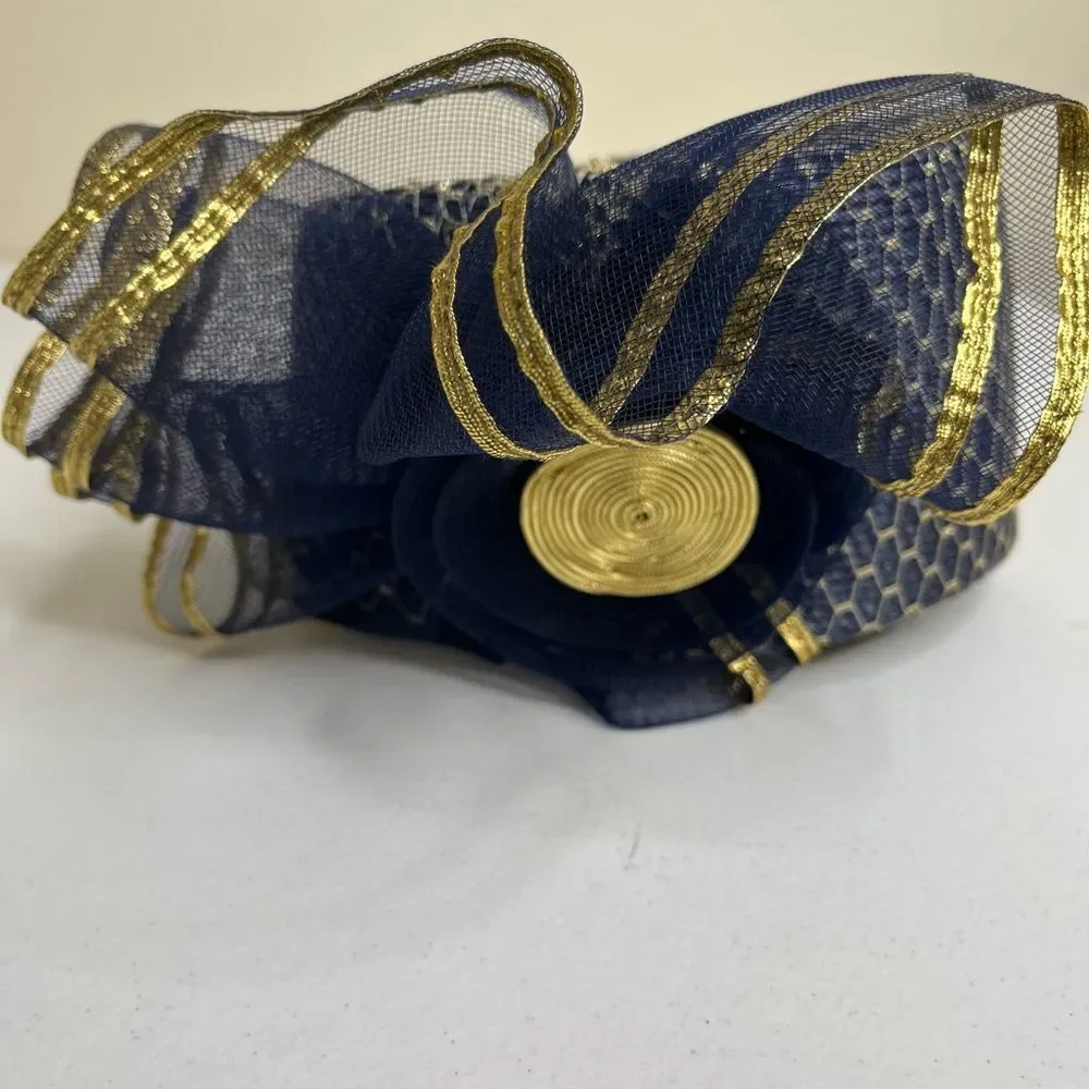 Vintage 80s Sylvia Church Lady Hat Navy Gold Metallic Mesh Netting Union Made US
